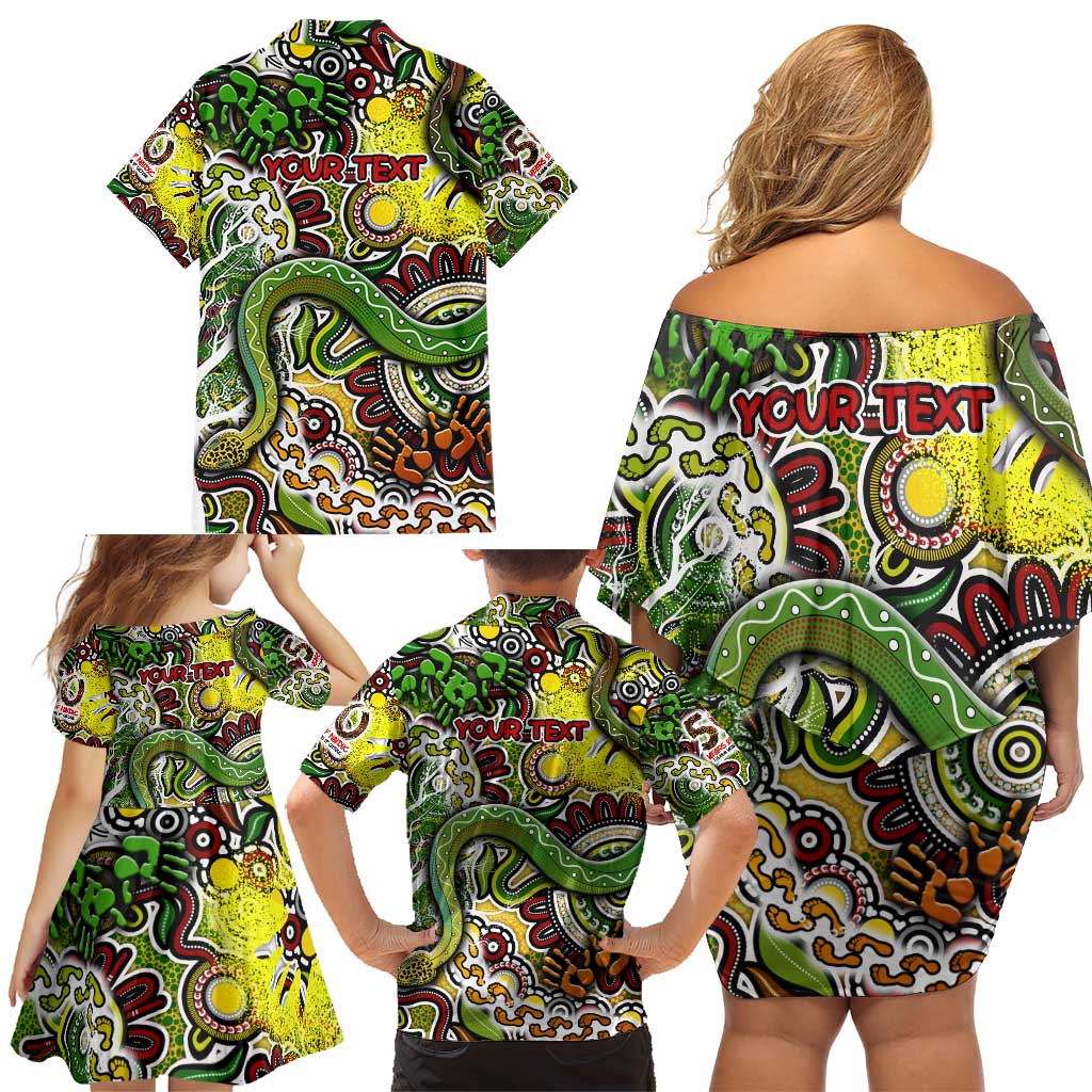 Personalised Indigenous Naidoc Week 2025 Family Matching Off Shoulder Short Dress and Hawaiian Shirt Aboriginal Snake Handprints Footprints