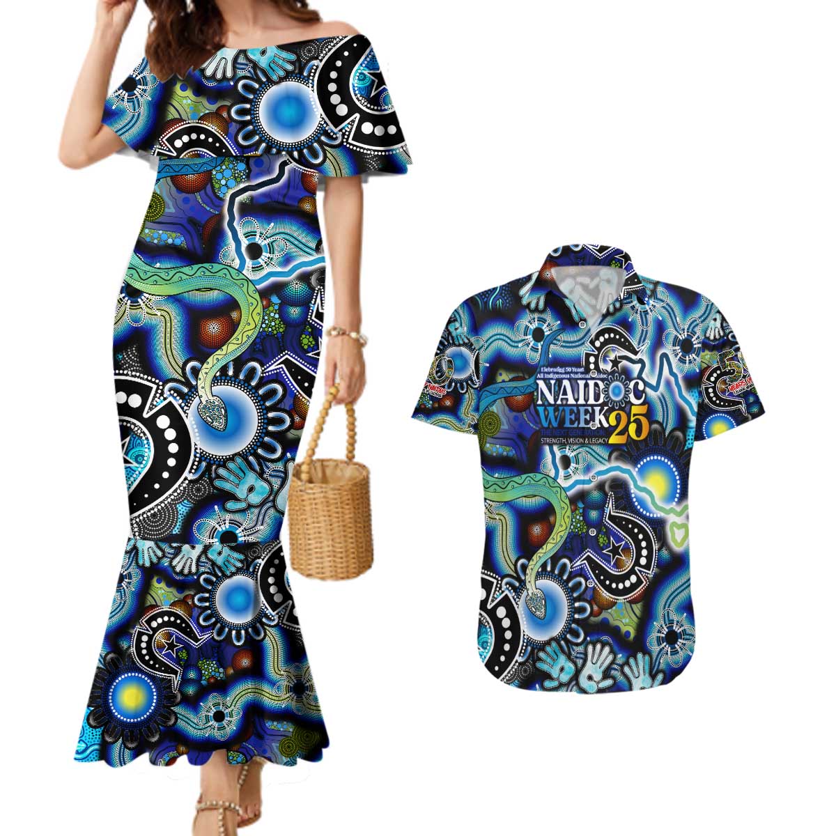 Personalised Carved in Culture Naidoc Week 2025 Couples Matching Mermaid Dress and Hawaiian Shirt Aboriginal Indigenous Art