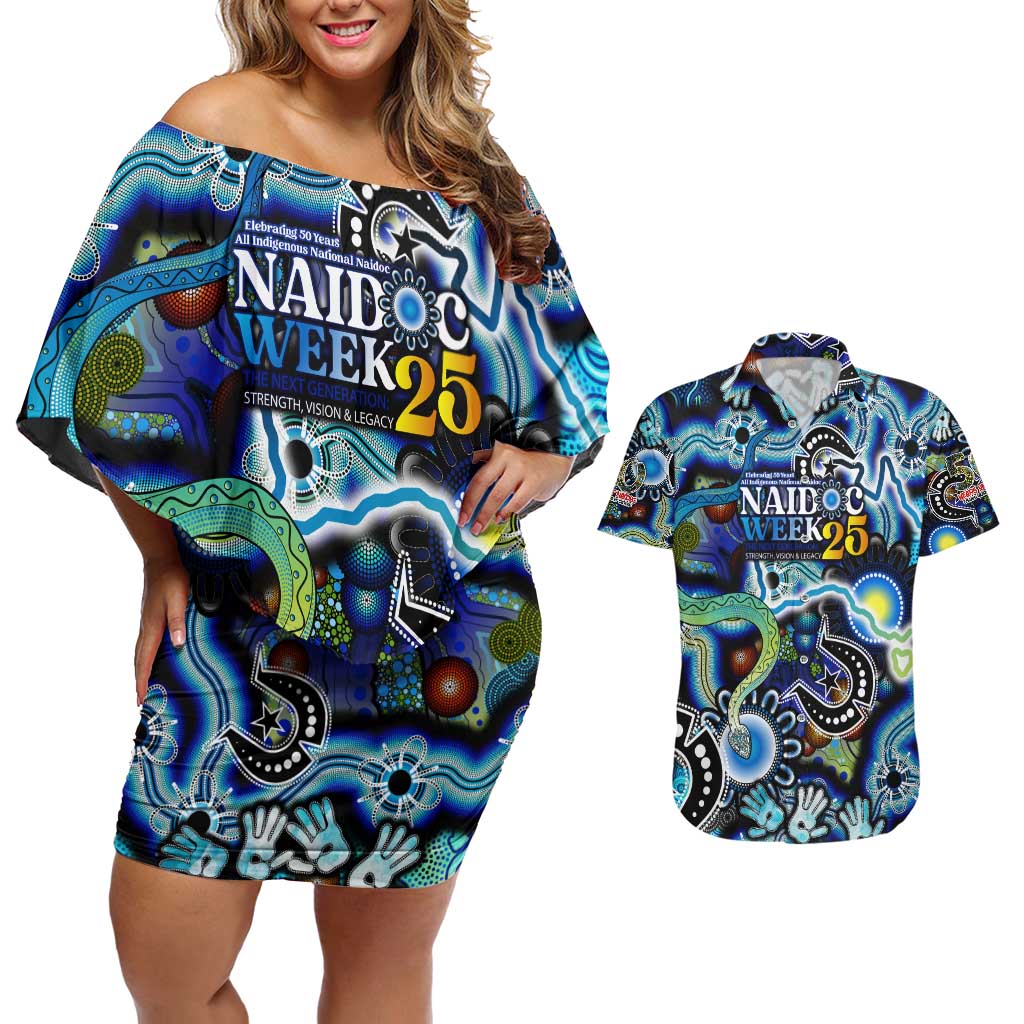 Personalised Carved in Culture Naidoc Week 2025 Couples Matching Off Shoulder Short Dress and Hawaiian Shirt Aboriginal Indigenous Art