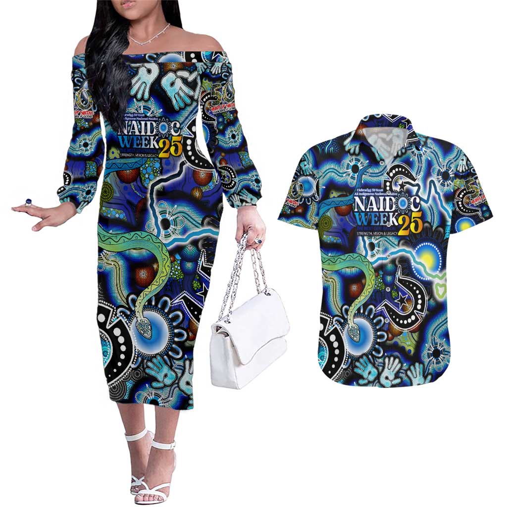Personalised Carved in Culture Naidoc Week 2025 Couples Matching Off The Shoulder Long Sleeve Dress and Hawaiian Shirt Aboriginal Indigenous Art