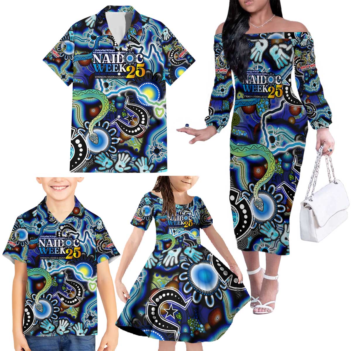 Personalised Carved in Culture Naidoc Week 2025 Family Matching Off The Shoulder Long Sleeve Dress and Hawaiian Shirt Aboriginal Indigenous Art