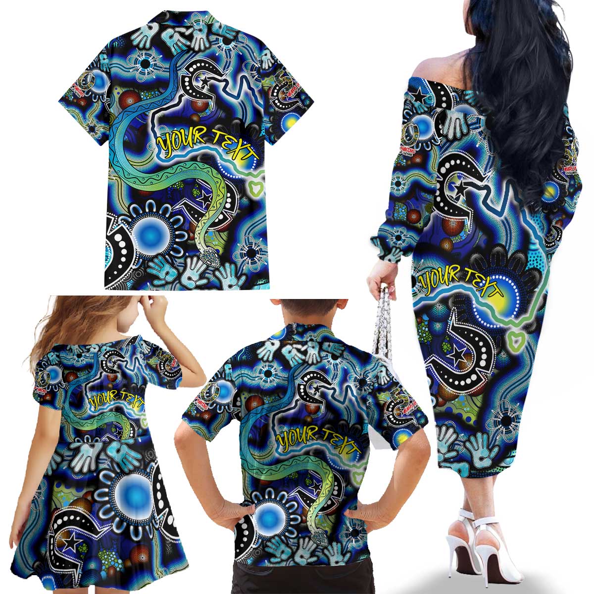 Personalised Carved in Culture Naidoc Week 2025 Family Matching Off The Shoulder Long Sleeve Dress and Hawaiian Shirt Aboriginal Indigenous Art