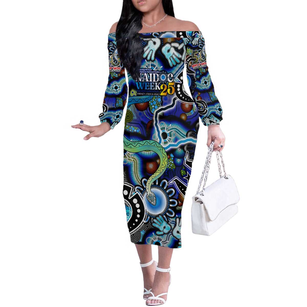 Personalised Carved in Culture Naidoc Week 2025 Family Matching Off The Shoulder Long Sleeve Dress and Hawaiian Shirt Aboriginal Indigenous Art