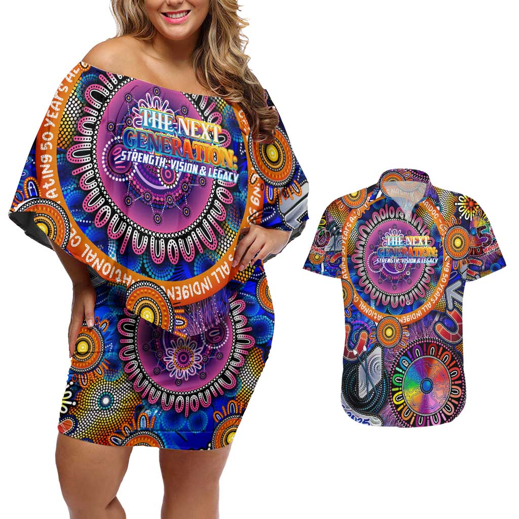 Personalised NAIDOC 2025 The Next Generation Couples Matching Off Shoulder Short Dress and Hawaiian Shirt Celebrating 50 Years Naidoc Aboriginal Colorful