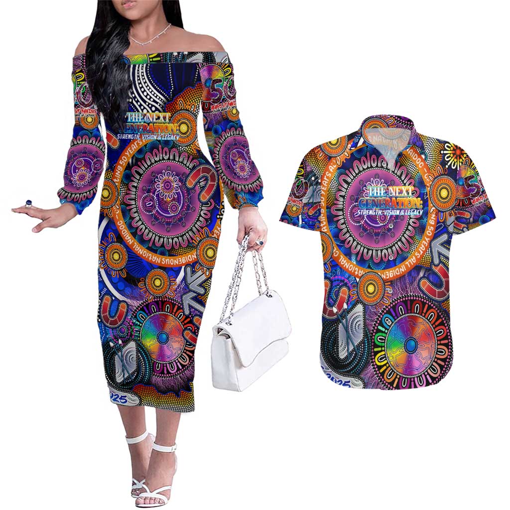 Personalised NAIDOC 2025 The Next Generation Couples Matching Off The Shoulder Long Sleeve Dress and Hawaiian Shirt Celebrating 50 Years Naidoc Aboriginal Colorful