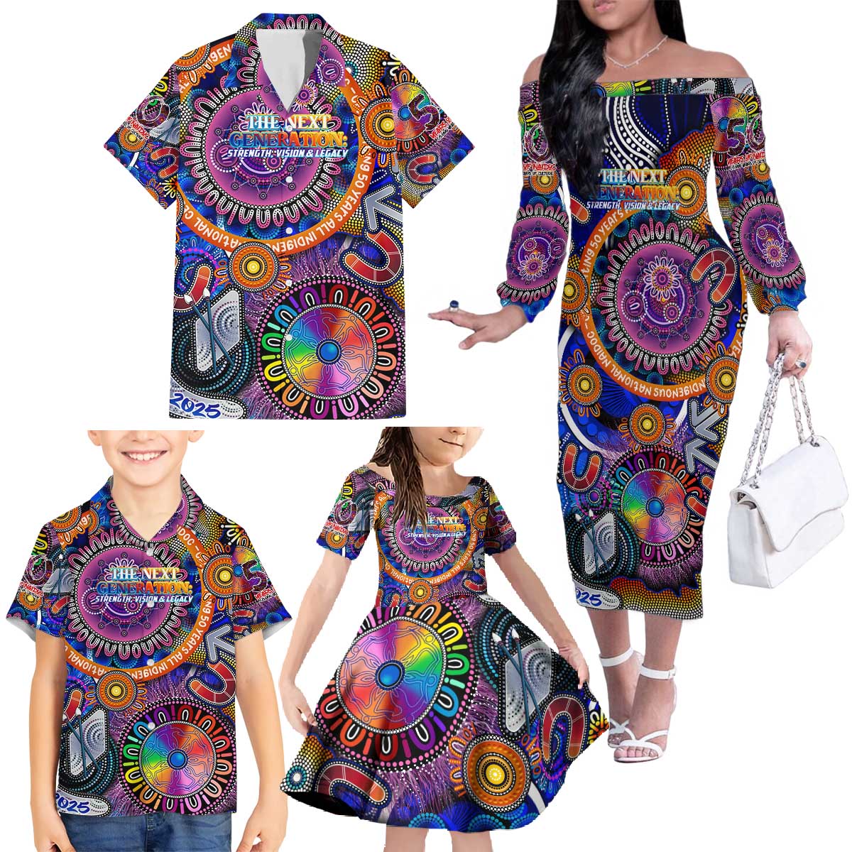 Personalised NAIDOC 2025 The Next Generation Family Matching Off The Shoulder Long Sleeve Dress and Hawaiian Shirt Celebrating 50 Years Naidoc Aboriginal Colorful