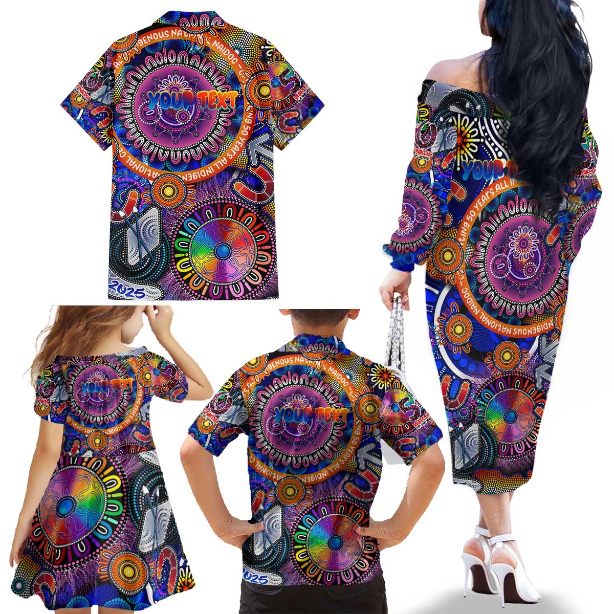 Personalised NAIDOC 2025 The Next Generation Family Matching Off The Shoulder Long Sleeve Dress and Hawaiian Shirt Celebrating 50 Years Naidoc Aboriginal Colorful