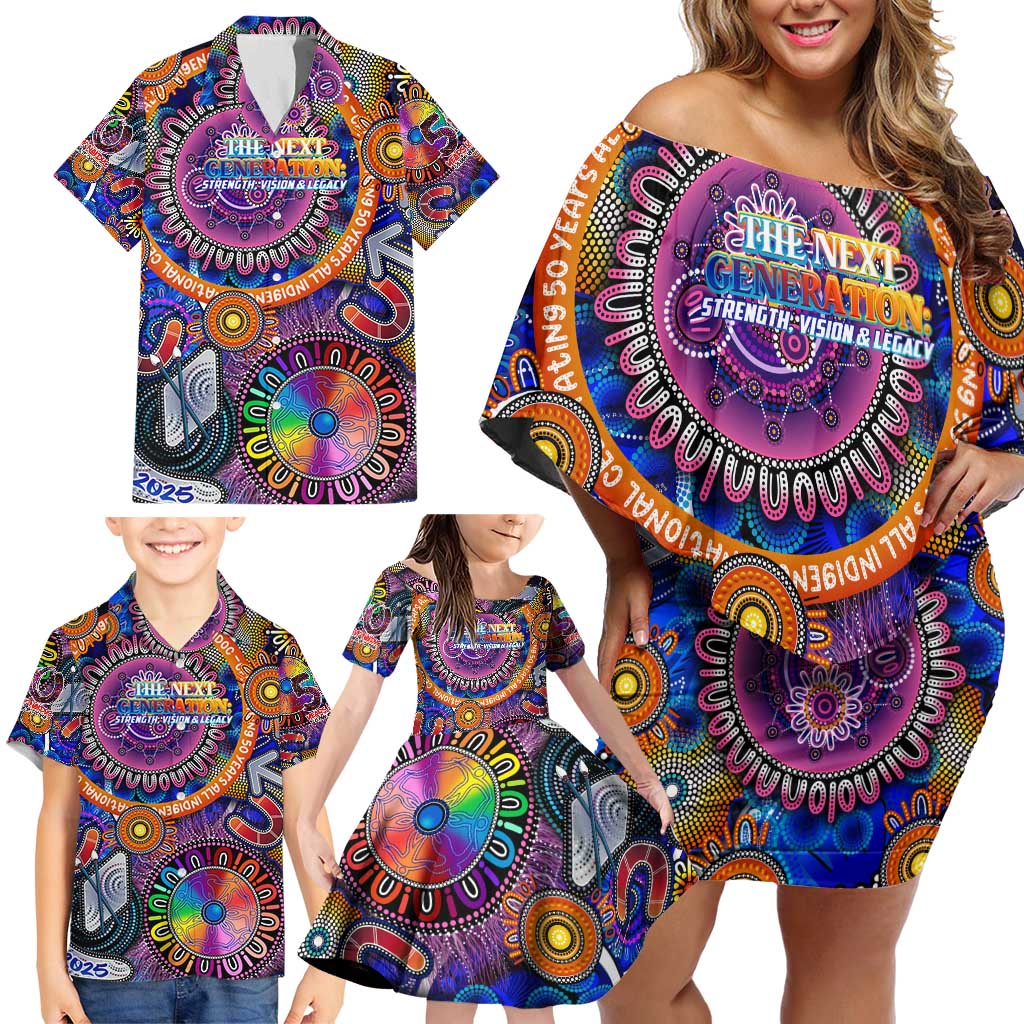 Personalised NAIDOC 2025 The Next Generation Family Matching Off Shoulder Short Dress and Hawaiian Shirt Celebrating 50 Years Naidoc Aboriginal Colorful