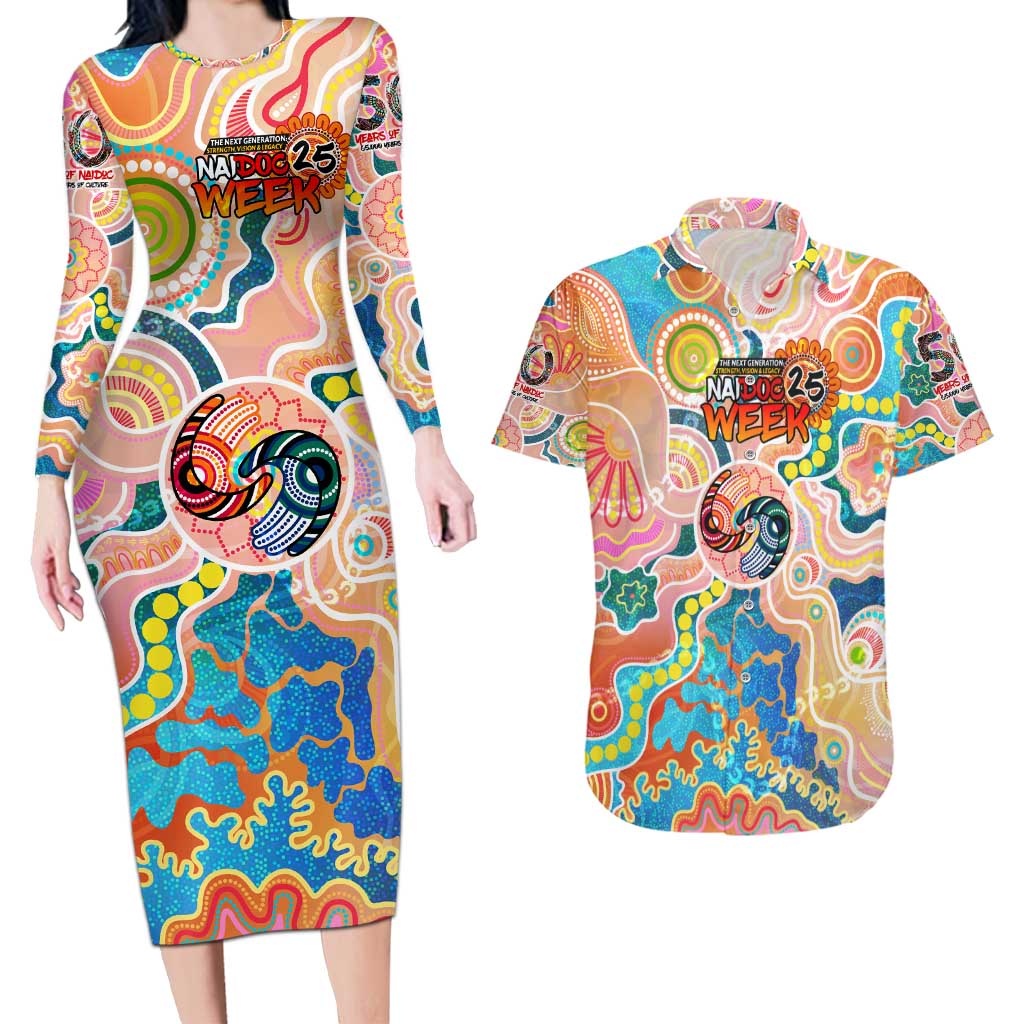 Personalised Naidoc 2025 Where Culture Walks the Runway Couples Matching Long Sleeve Bodycon Dress and Hawaiian Shirt Aboriginal Indigenous Art