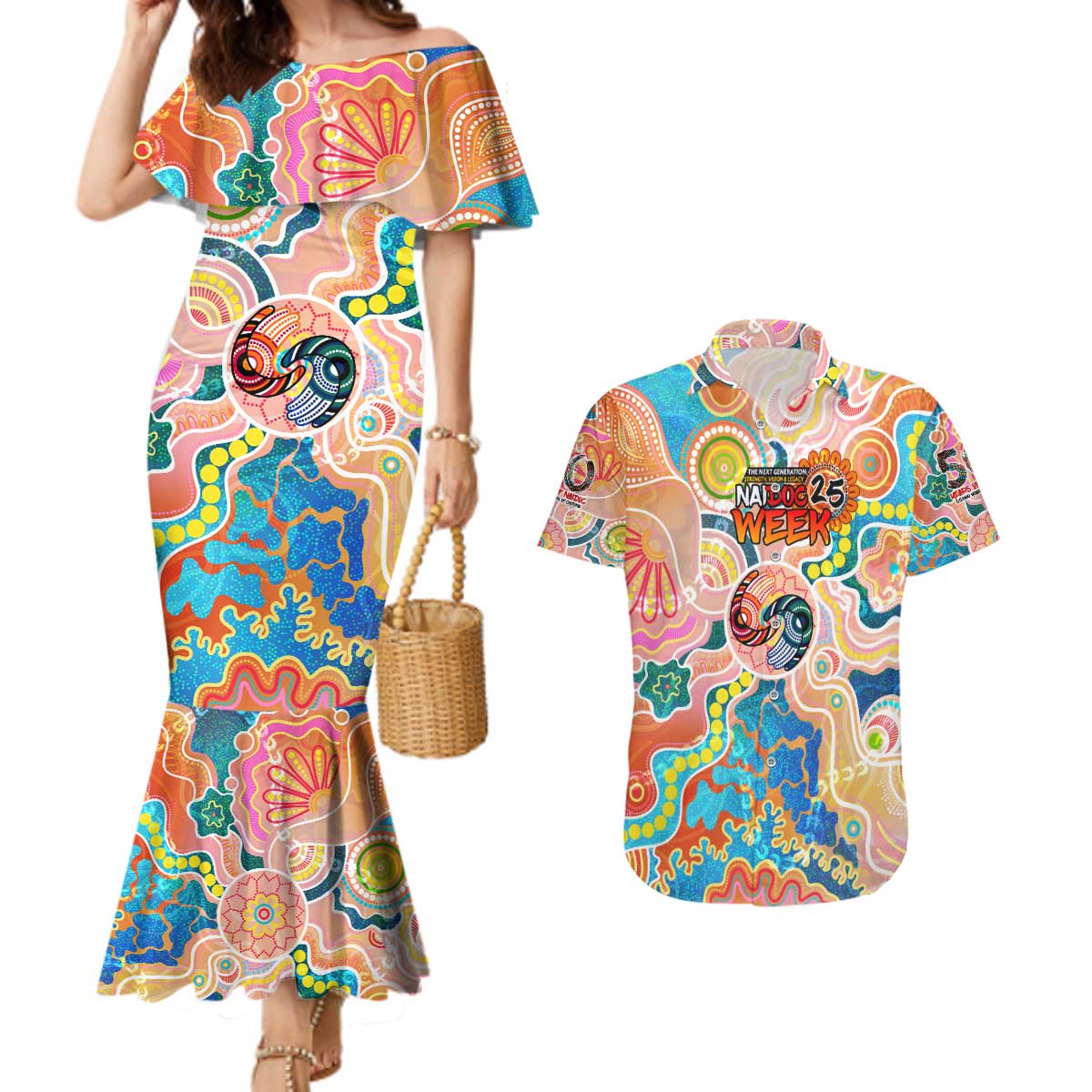 Personalised Naidoc 2025 Where Culture Walks the Runway Couples Matching Mermaid Dress and Hawaiian Shirt Aboriginal Indigenous Art