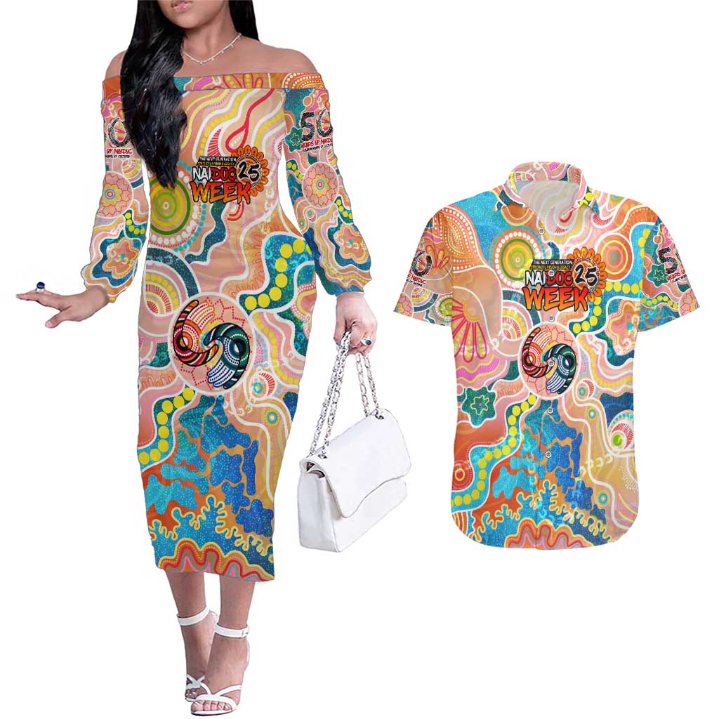 Personalised Naidoc 2025 Where Culture Walks the Runway Couples Matching Off The Shoulder Long Sleeve Dress and Hawaiian Shirt Aboriginal Indigenous Art