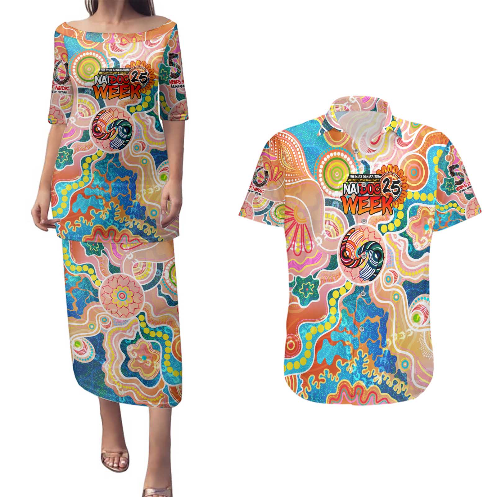 Personalised Naidoc 2025 Where Culture Walks the Runway Couples Matching Puletasi and Hawaiian Shirt Aboriginal Indigenous Art