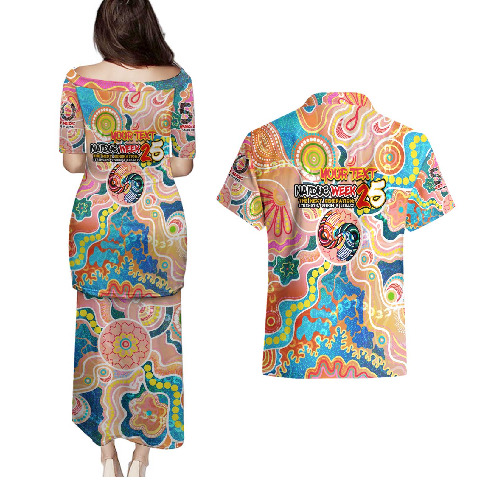 Personalised Naidoc 2025 Where Culture Walks the Runway Couples Matching Puletasi and Hawaiian Shirt Aboriginal Indigenous Art