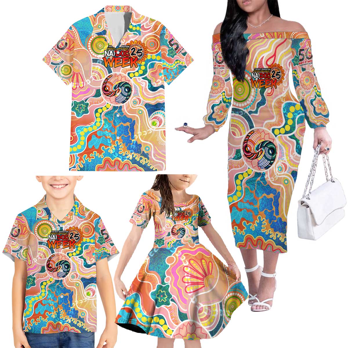 Personalised Naidoc 2025 Where Culture Walks the Runway Family Matching Off The Shoulder Long Sleeve Dress and Hawaiian Shirt Aboriginal Indigenous Art