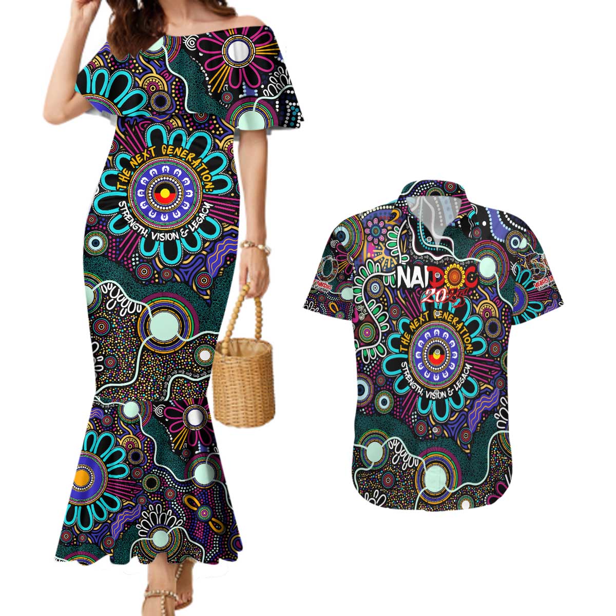 Personalised Naidoc 2025 Voices of the Ancestors Couples Matching Mermaid Dress and Hawaiian Shirt Aboriginal Indigenous Art
