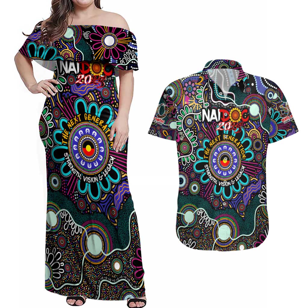 Personalised Naidoc 2025 Voices of the Ancestors Couples Matching Off Shoulder Maxi Dress and Hawaiian Shirt Aboriginal Indigenous Art