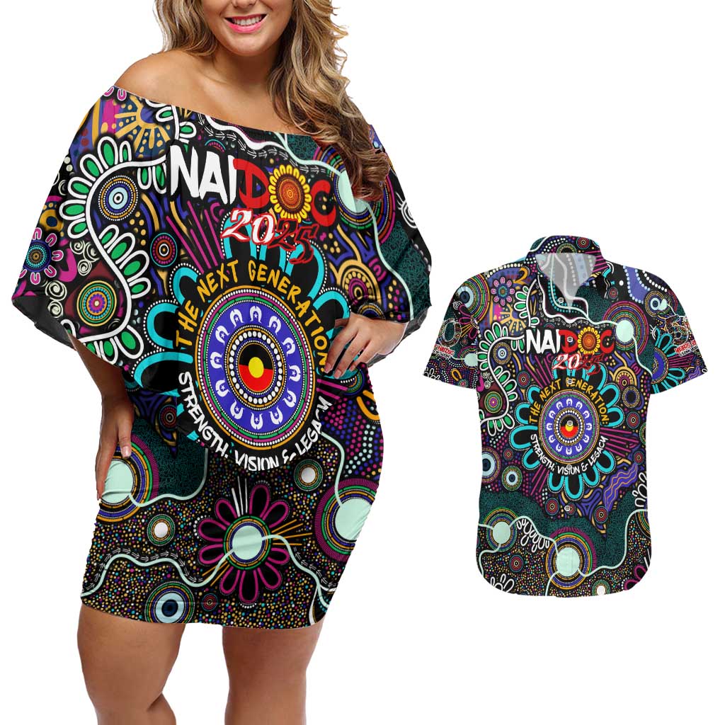 Personalised Naidoc 2025 Voices of the Ancestors Couples Matching Off Shoulder Short Dress and Hawaiian Shirt Aboriginal Indigenous Art