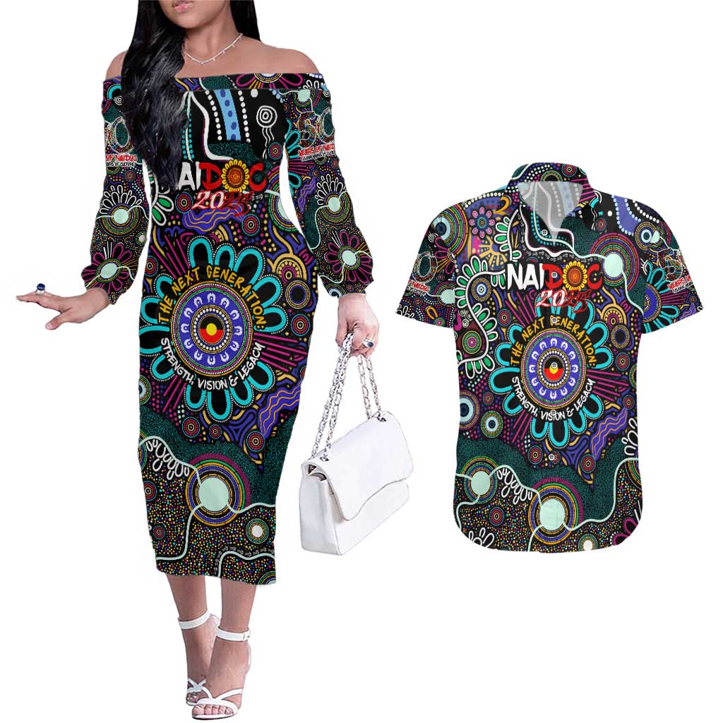 Personalised Naidoc 2025 Voices of the Ancestors Couples Matching Off The Shoulder Long Sleeve Dress and Hawaiian Shirt Aboriginal Indigenous Art