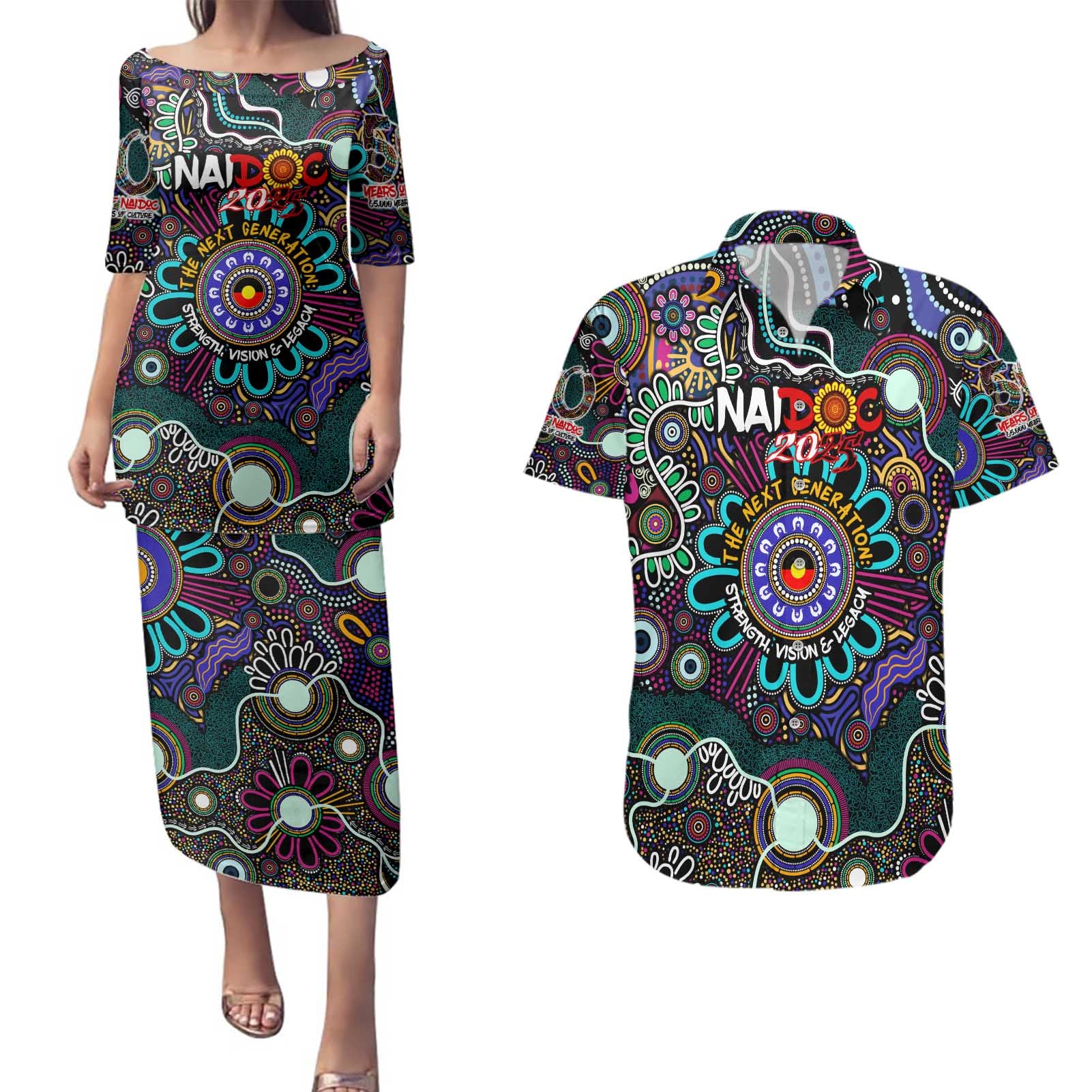 Personalised Naidoc 2025 Voices of the Ancestors Couples Matching Puletasi and Hawaiian Shirt Aboriginal Indigenous Art