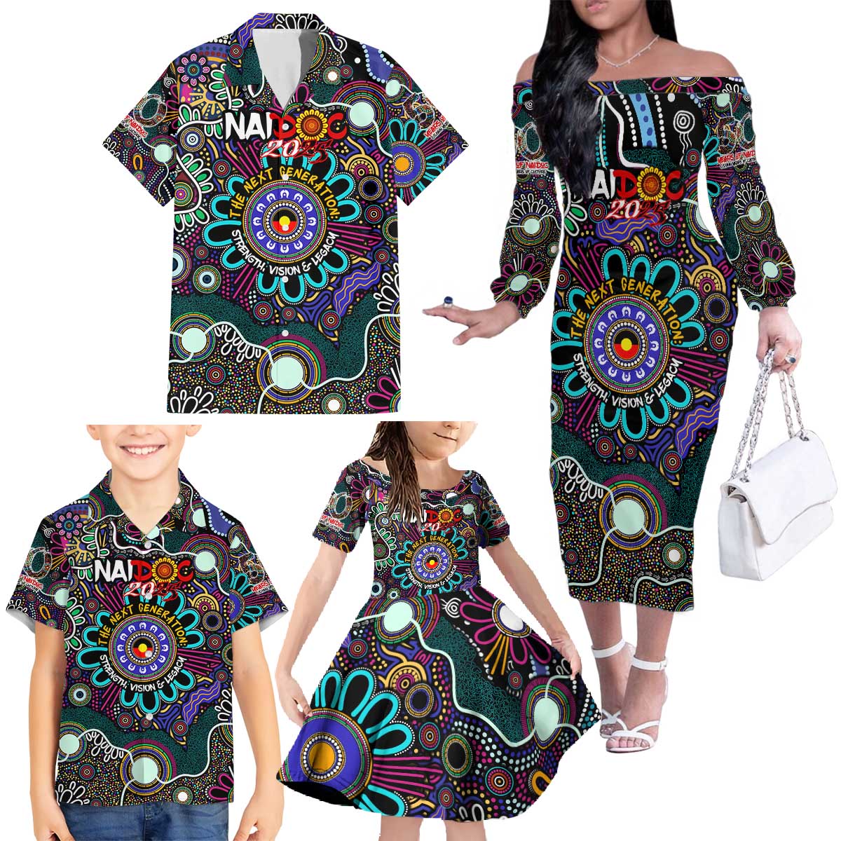 Personalised Naidoc 2025 Voices of the Ancestors Family Matching Off The Shoulder Long Sleeve Dress and Hawaiian Shirt Aboriginal Indigenous Art