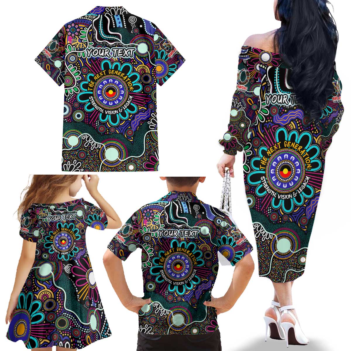 Personalised Naidoc 2025 Voices of the Ancestors Family Matching Off The Shoulder Long Sleeve Dress and Hawaiian Shirt Aboriginal Indigenous Art