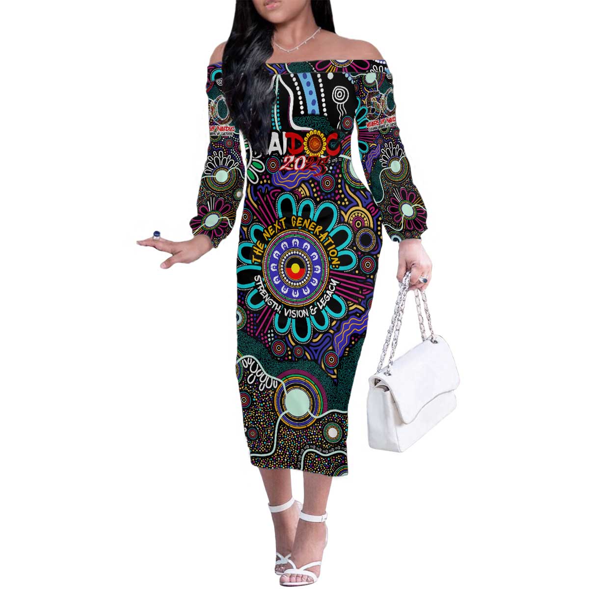 Personalised Naidoc 2025 Voices of the Ancestors Family Matching Off The Shoulder Long Sleeve Dress and Hawaiian Shirt Aboriginal Indigenous Art