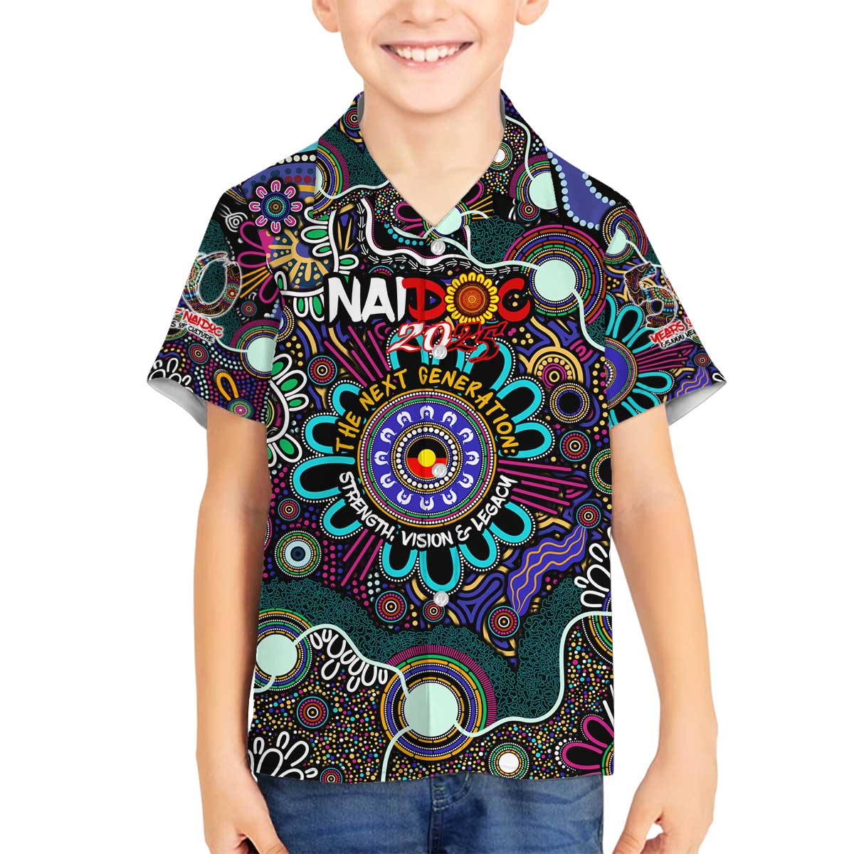 Personalised Naidoc 2025 Voices of the Ancestors Family Matching Off The Shoulder Long Sleeve Dress and Hawaiian Shirt Aboriginal Indigenous Art