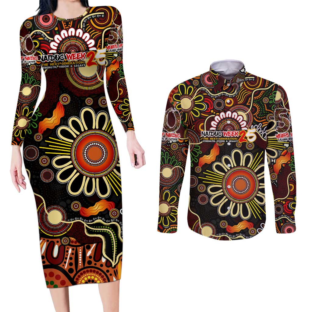 Personalised 50 Years Aboriginal Patterns Of The Past Couples Matching Long Sleeve Bodycon Dress and Long Sleeve Button Shirt Legacy NAIDOC 2025