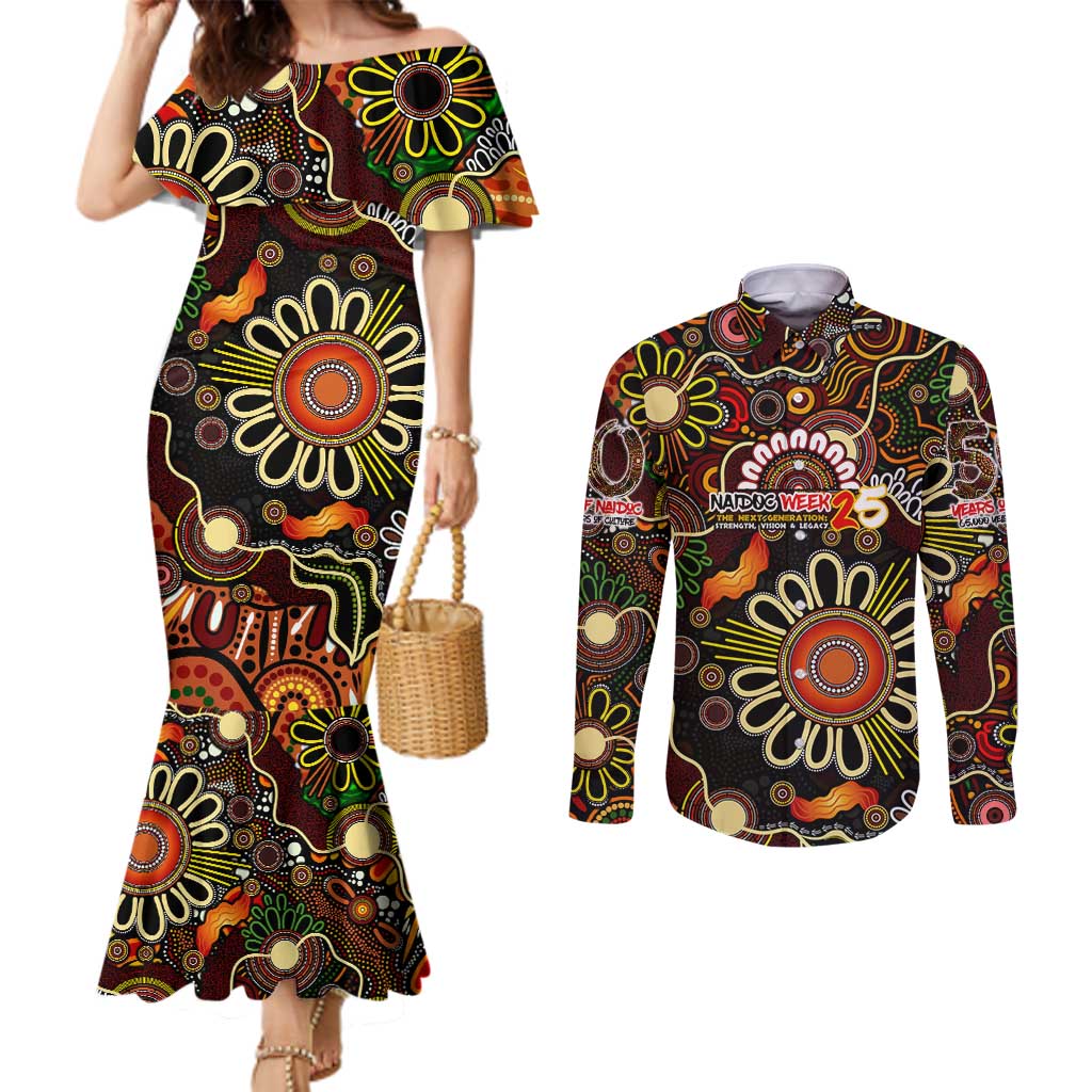 Personalised 50 Years Aboriginal Patterns Of The Past Couples Matching Mermaid Dress and Long Sleeve Button Shirt Legacy NAIDOC 2025