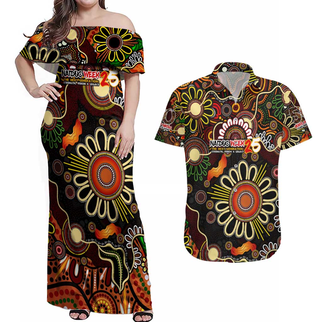 Personalised 50 Years Aboriginal Patterns Of The Past Couples Matching Off Shoulder Maxi Dress and Hawaiian Shirt Legacy NAIDOC 2025