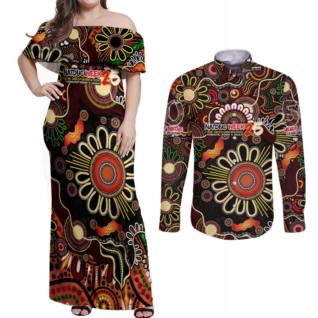 Personalised 50 Years Aboriginal Patterns Of The Past Couples Matching Off Shoulder Maxi Dress and Long Sleeve Button Shirt Legacy NAIDOC 2025