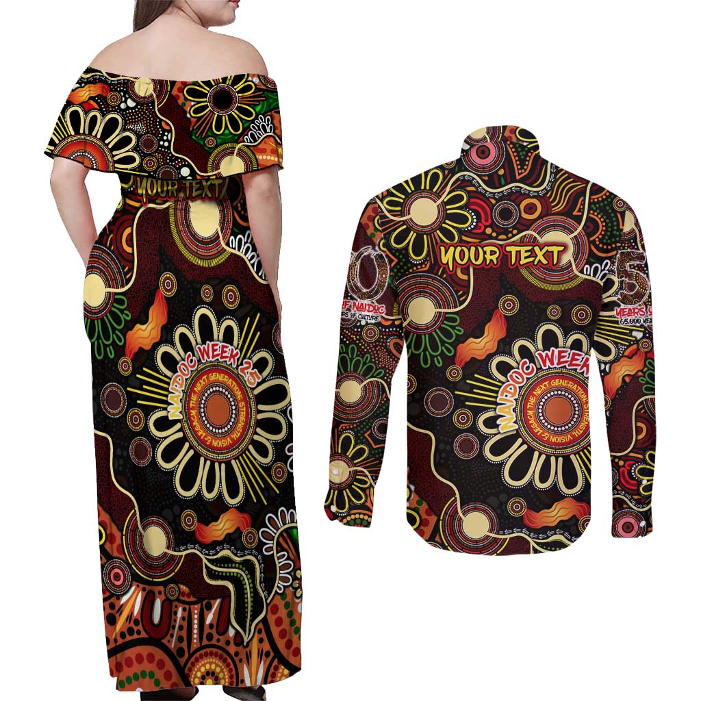 Personalised 50 Years Aboriginal Patterns Of The Past Couples Matching Off Shoulder Maxi Dress and Long Sleeve Button Shirt Legacy NAIDOC 2025