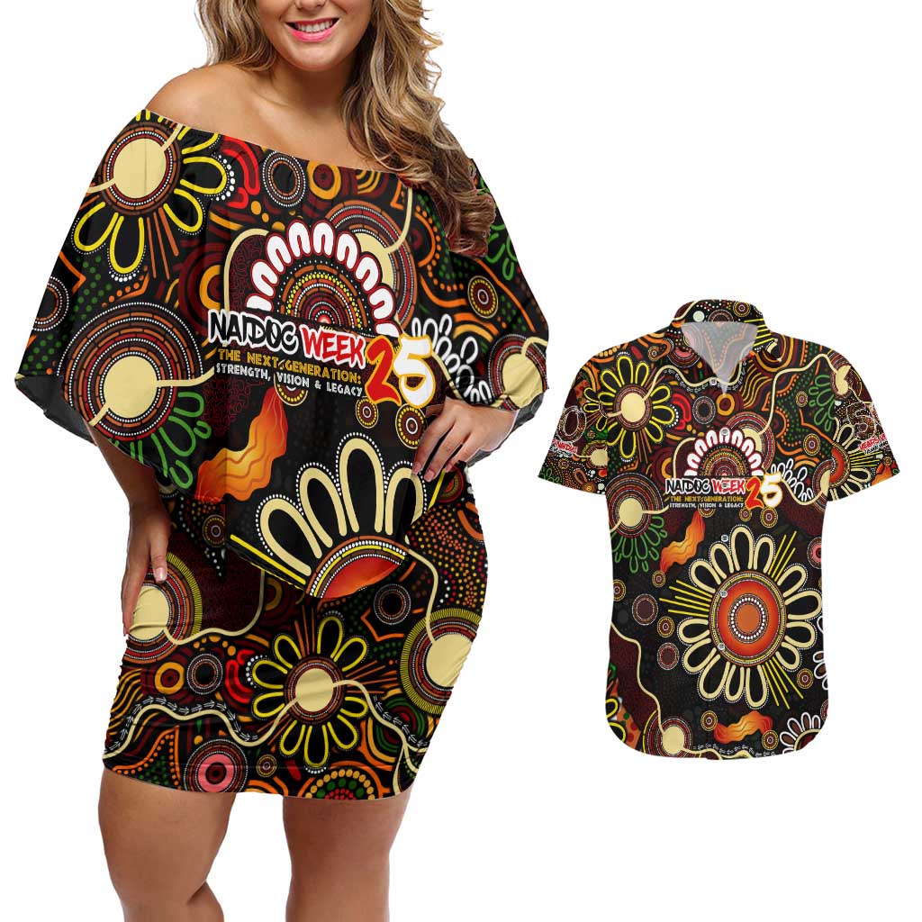 Personalised 50 Years Aboriginal Patterns Of The Past Couples Matching Off Shoulder Short Dress and Hawaiian Shirt Legacy NAIDOC 2025