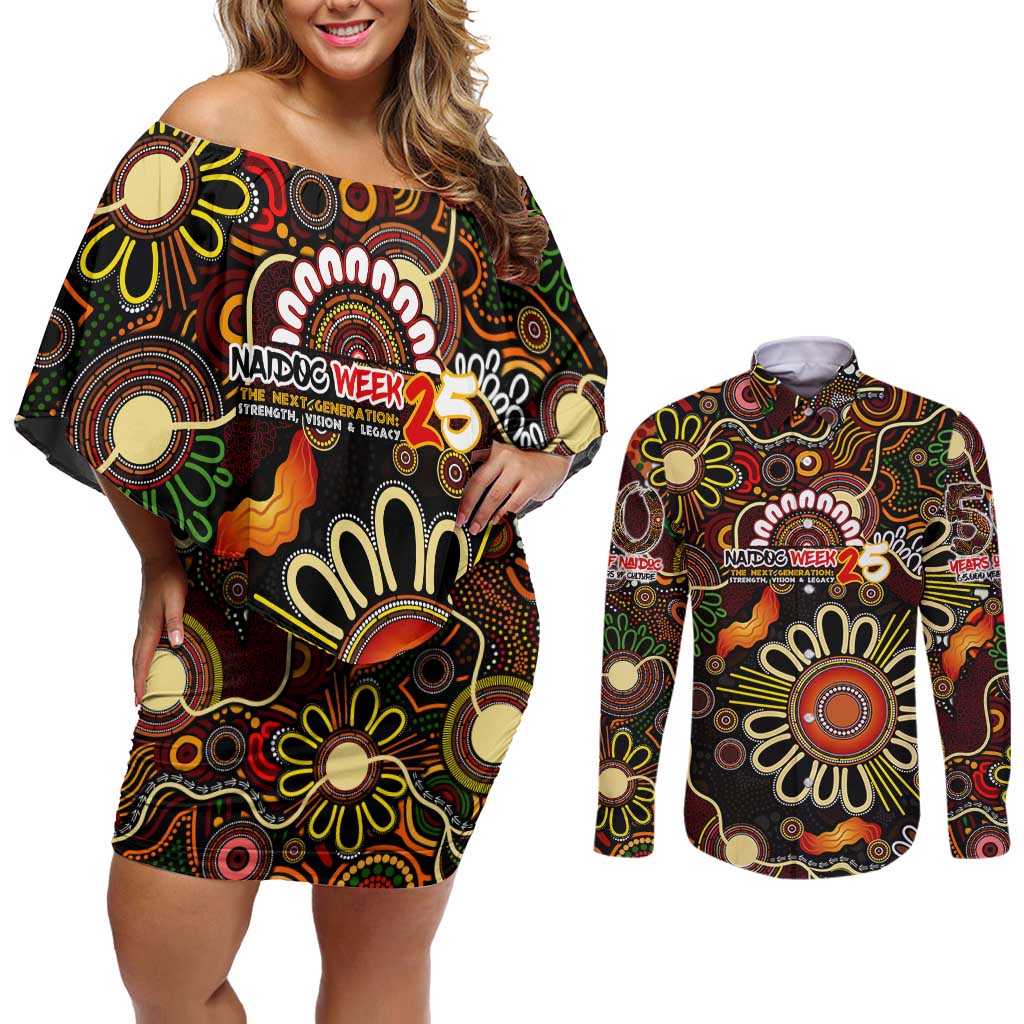 Personalised 50 Years Aboriginal Patterns Of The Past Couples Matching Off Shoulder Short Dress and Long Sleeve Button Shirt Legacy NAIDOC 2025