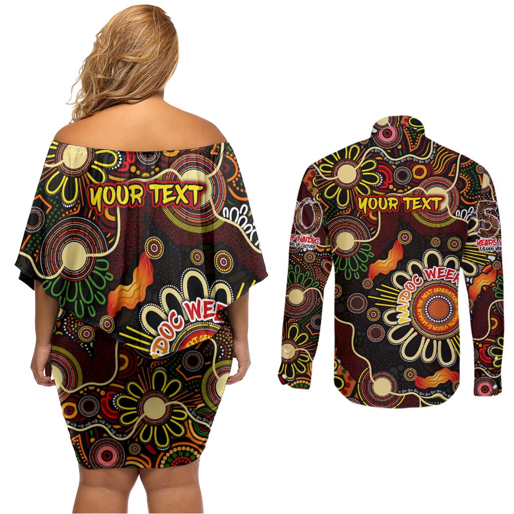 Personalised 50 Years Aboriginal Patterns Of The Past Couples Matching Off Shoulder Short Dress and Long Sleeve Button Shirt Legacy NAIDOC 2025