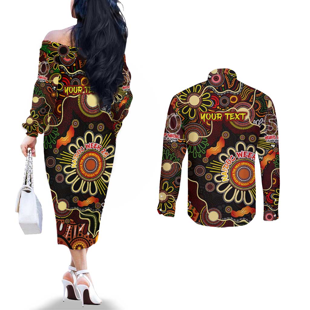 Personalised 50 Years Aboriginal Patterns Of The Past Couples Matching Off The Shoulder Long Sleeve Dress and Long Sleeve Button Shirt Legacy NAIDOC 2025