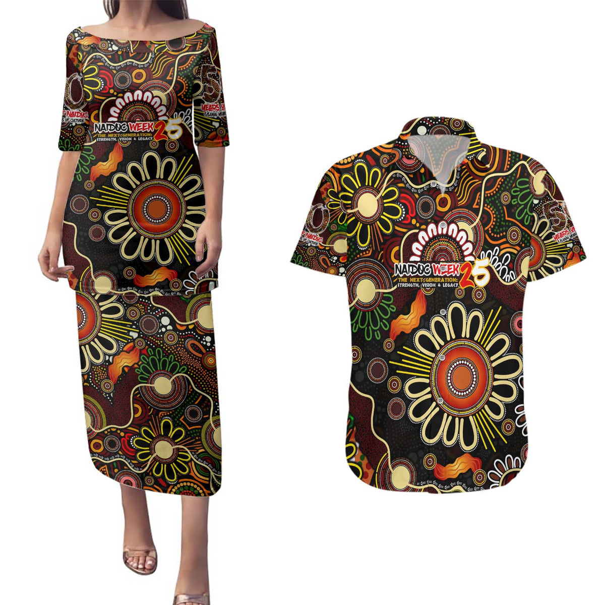Personalised 50 Years Aboriginal Patterns Of The Past Couples Matching Puletasi and Hawaiian Shirt Legacy NAIDOC 2025