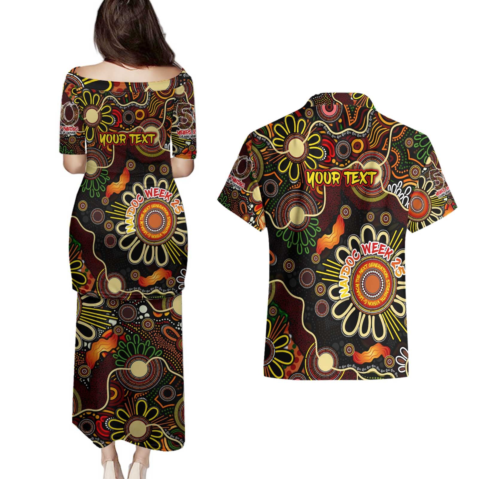 Personalised 50 Years Aboriginal Patterns Of The Past Couples Matching Puletasi and Hawaiian Shirt Legacy NAIDOC 2025