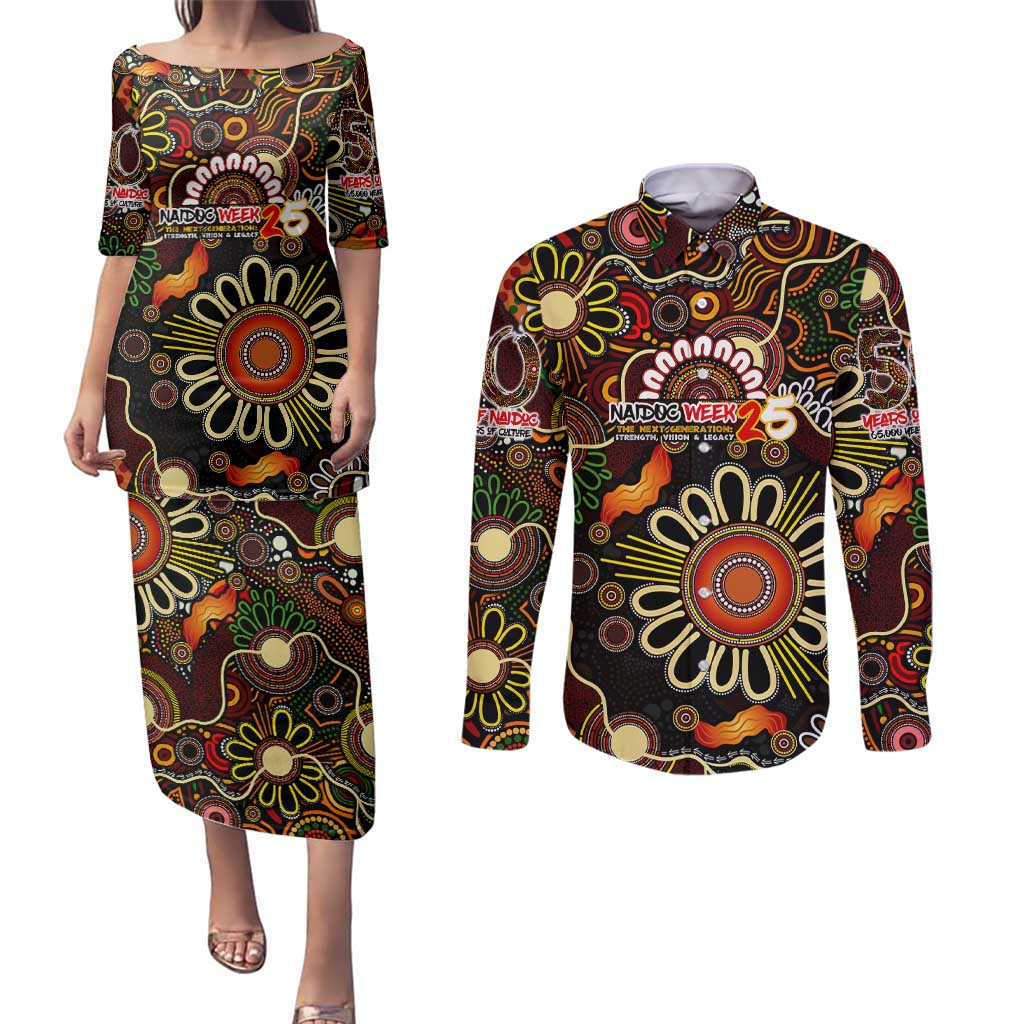 Personalised 50 Years Aboriginal Patterns Of The Past Couples Matching Puletasi and Long Sleeve Button Shirt Legacy NAIDOC 2025