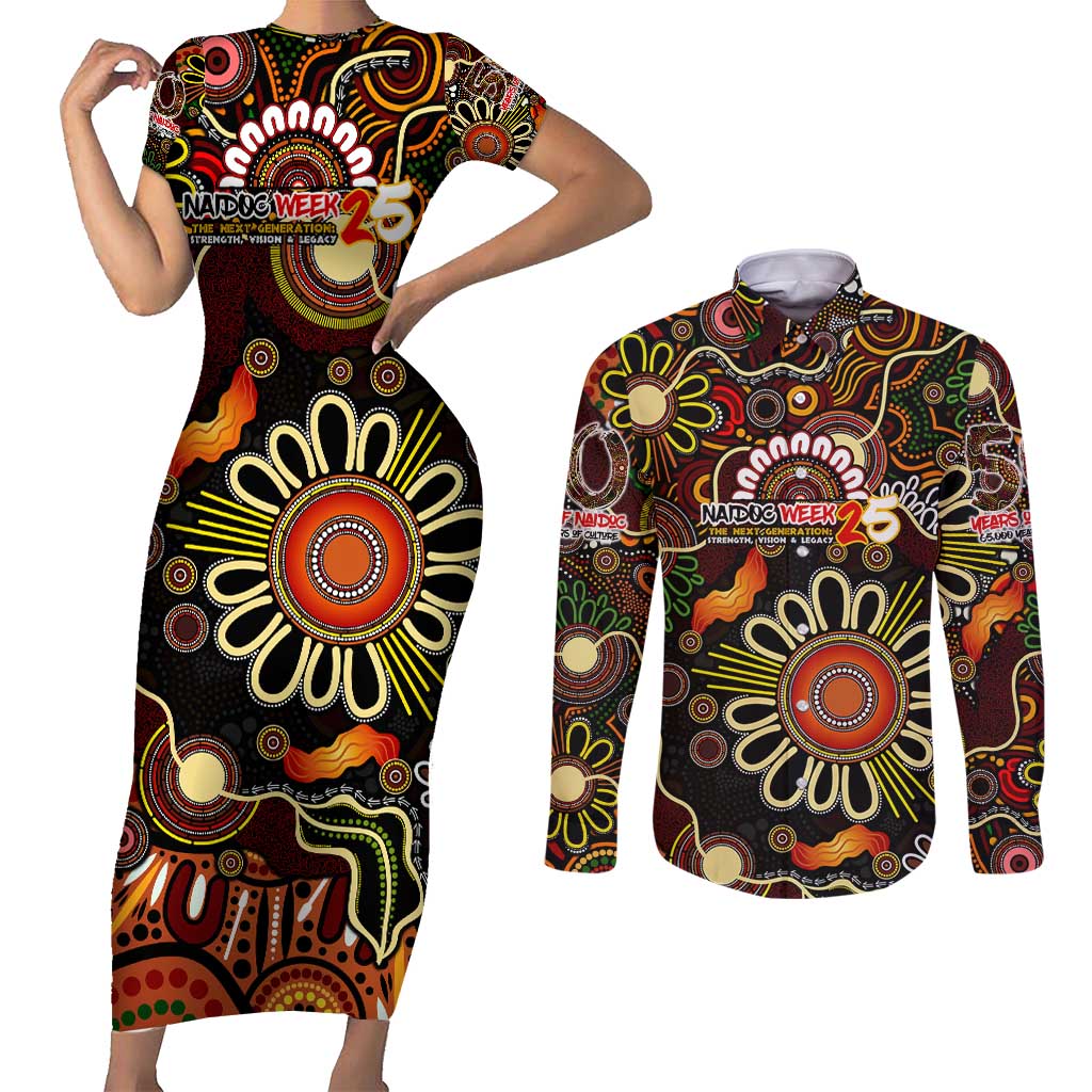 Personalised 50 Years Aboriginal Patterns Of The Past Couples Matching Short Sleeve Bodycon Dress and Long Sleeve Button Shirt Legacy NAIDOC 2025