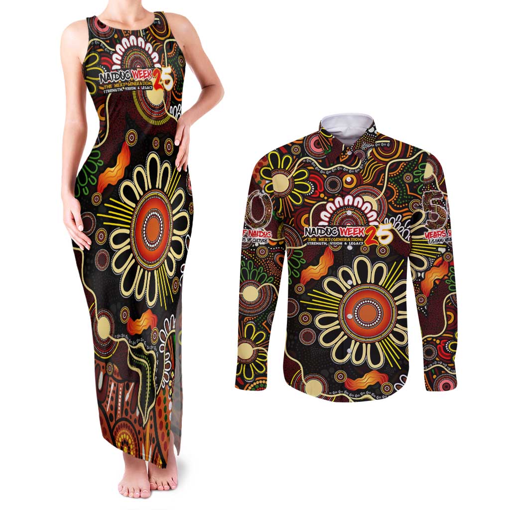 Personalised 50 Years Aboriginal Patterns Of The Past Couples Matching Tank Maxi Dress and Long Sleeve Button Shirt Legacy NAIDOC 2025
