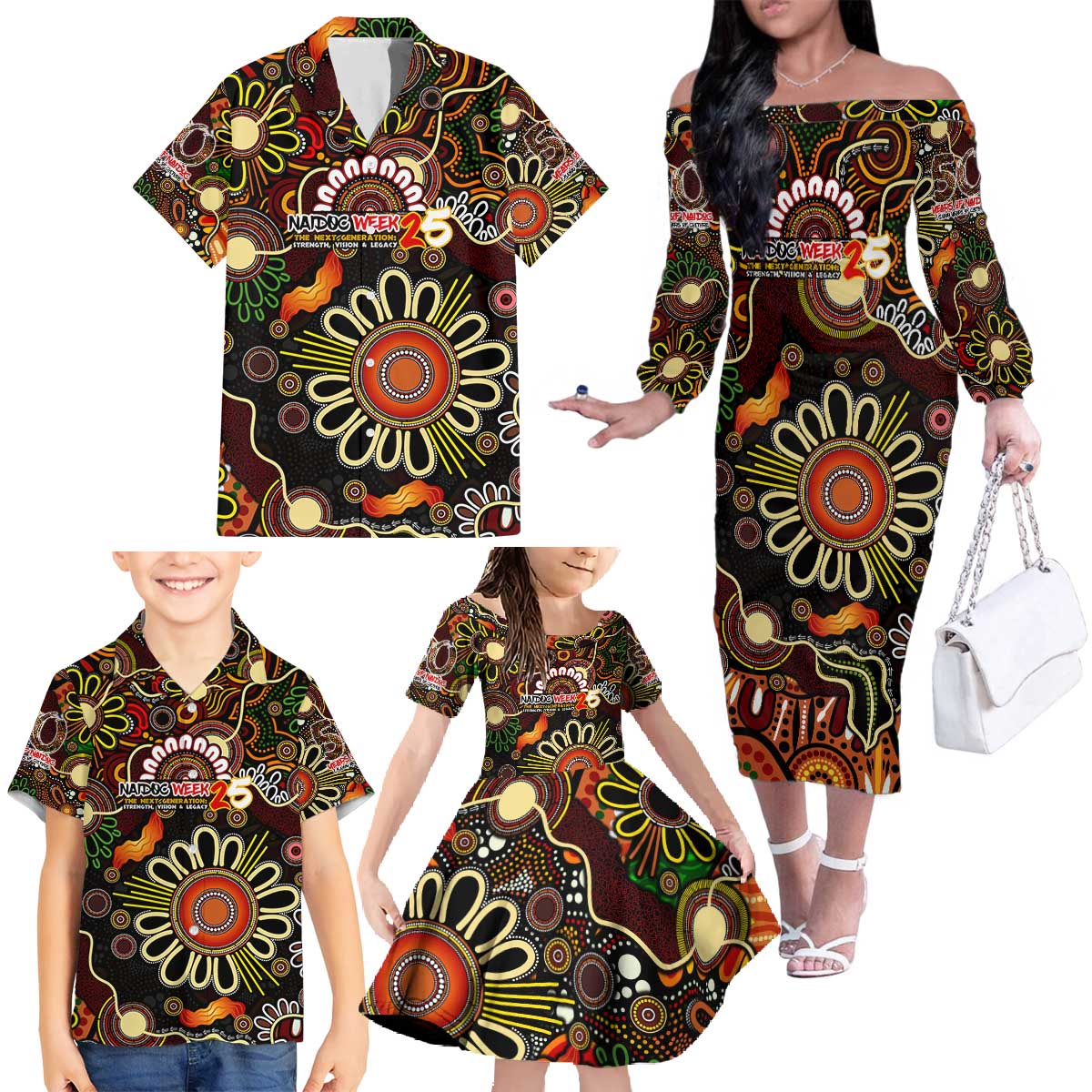 Personalised 50 Years Aboriginal Patterns Of The Past Family Matching Off The Shoulder Long Sleeve Dress and Hawaiian Shirt Legacy NAIDOC 2025