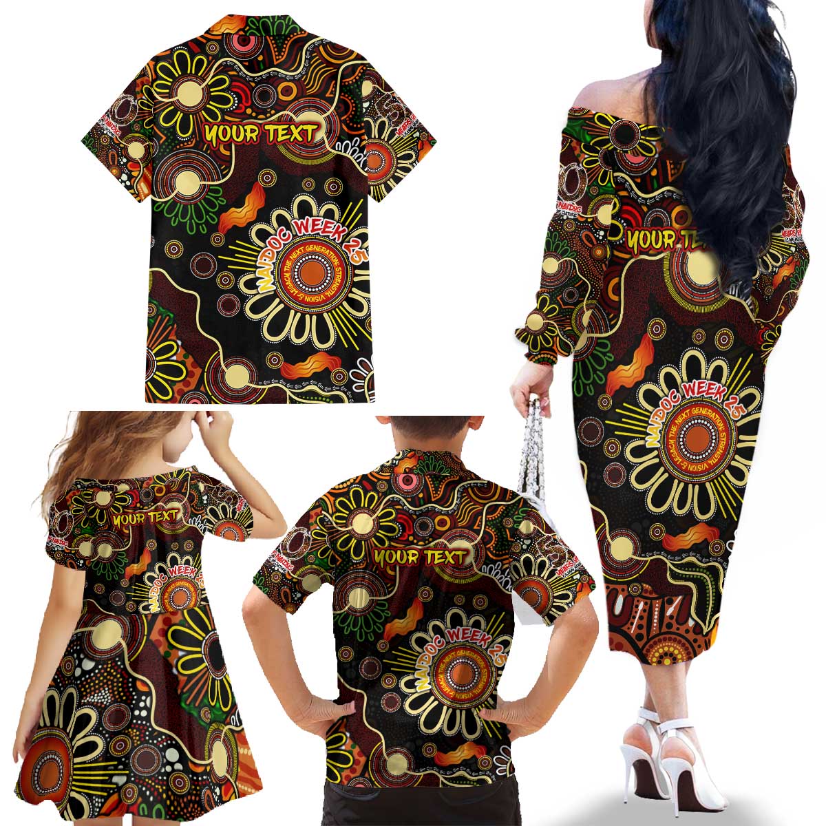 Personalised 50 Years Aboriginal Patterns Of The Past Family Matching Off The Shoulder Long Sleeve Dress and Hawaiian Shirt Legacy NAIDOC 2025