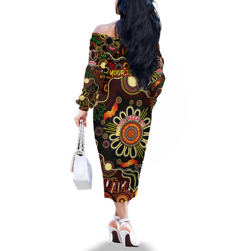 Personalised 50 Years Aboriginal Patterns Of The Past Family Matching Off The Shoulder Long Sleeve Dress and Hawaiian Shirt Legacy NAIDOC 2025