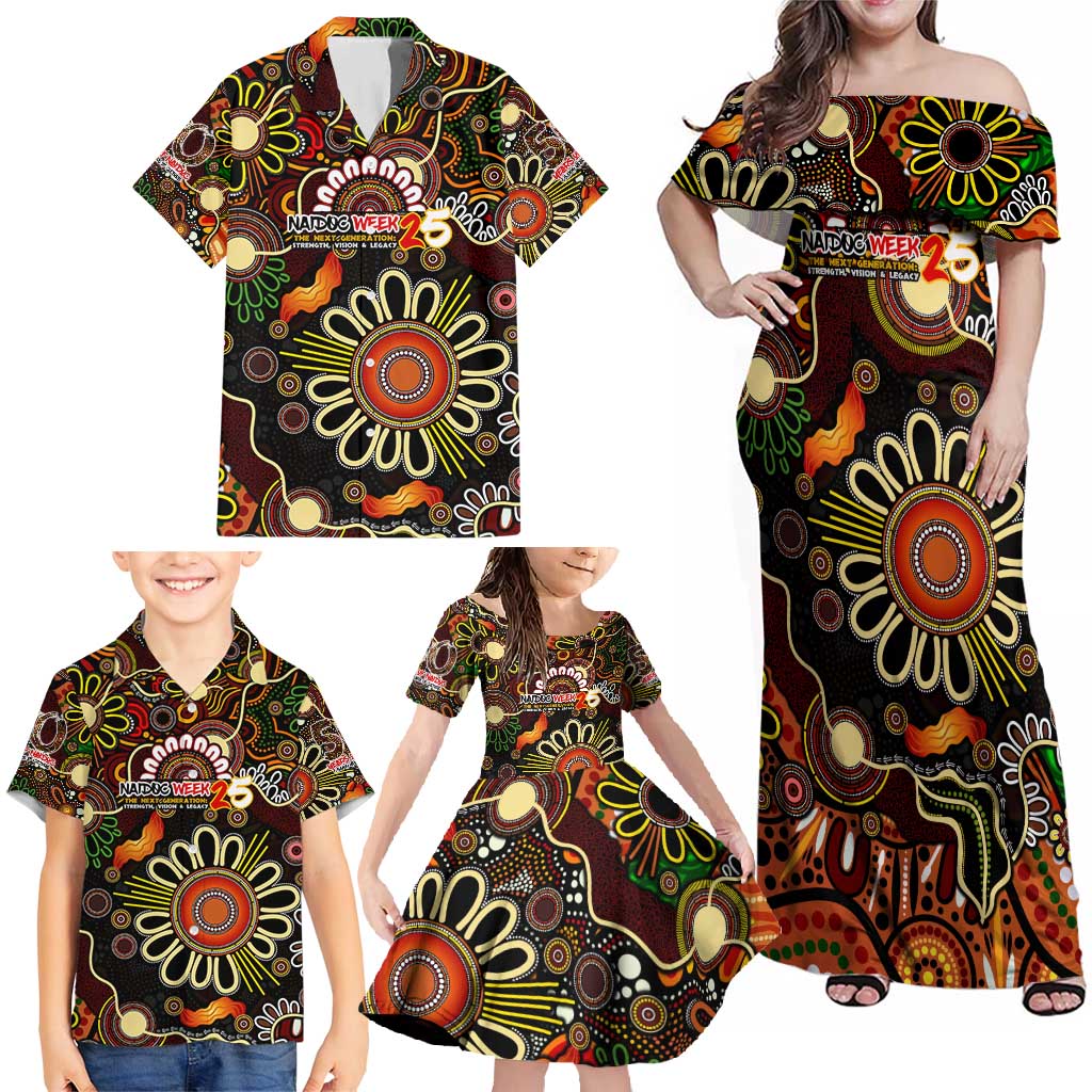 Personalised 50 Years Aboriginal Patterns Of The Past Family Matching Off Shoulder Maxi Dress and Hawaiian Shirt Legacy NAIDOC 2025