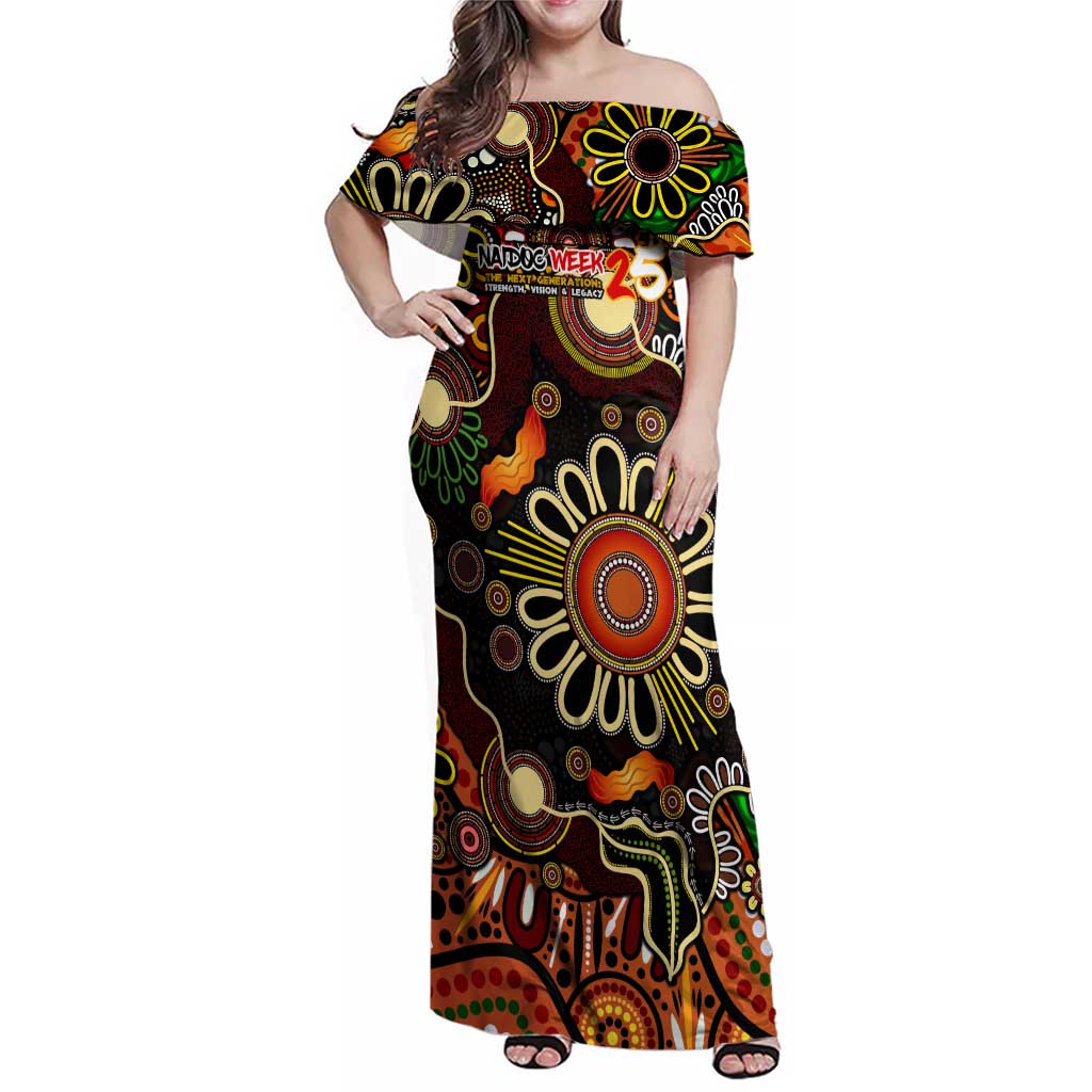 Personalised 50 Years Aboriginal Patterns Of The Past Family Matching Off Shoulder Maxi Dress and Hawaiian Shirt Legacy NAIDOC 2025
