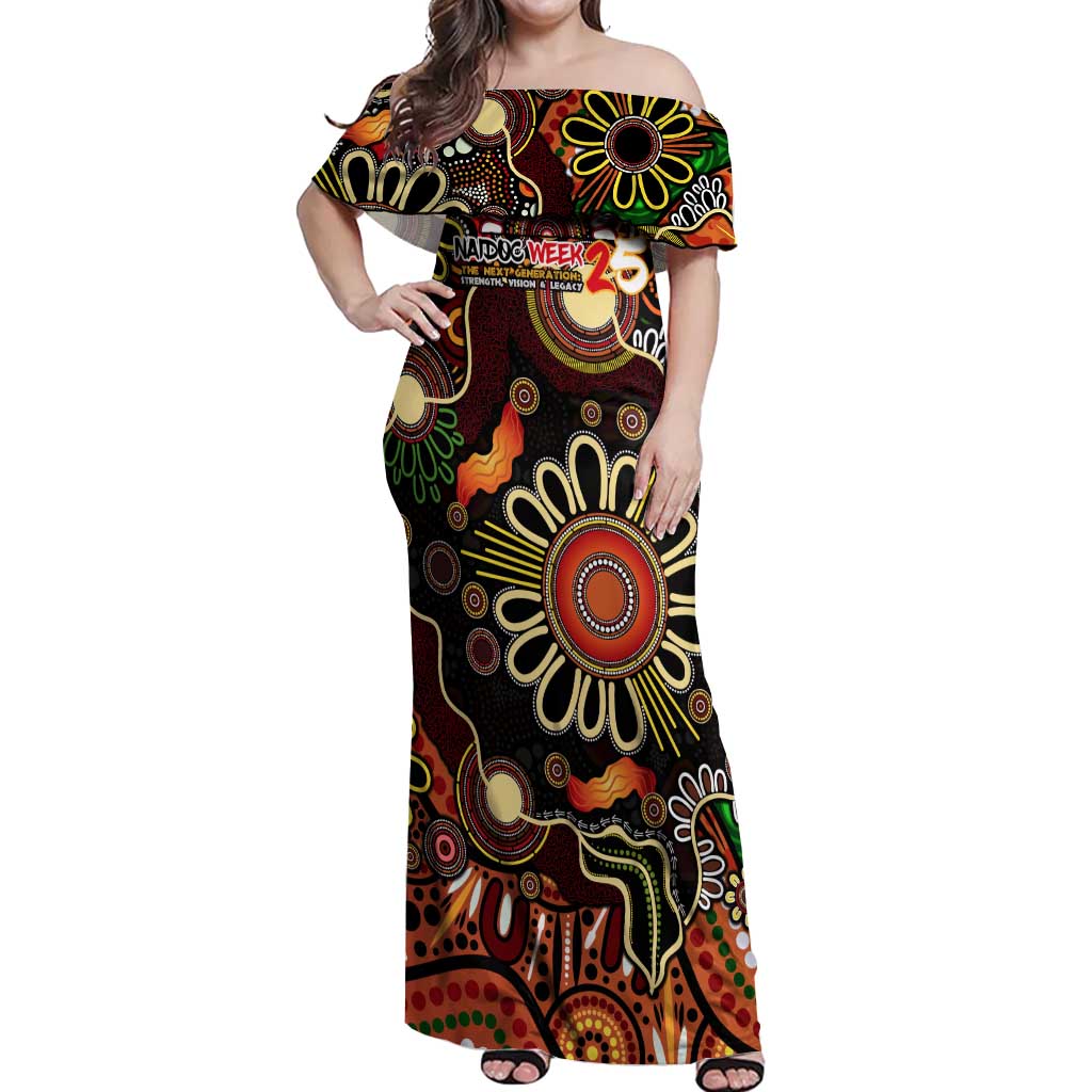 Personalised 50 Years Aboriginal Patterns Of The Past Off Shoulder Maxi Dress Legacy NAIDOC 2025