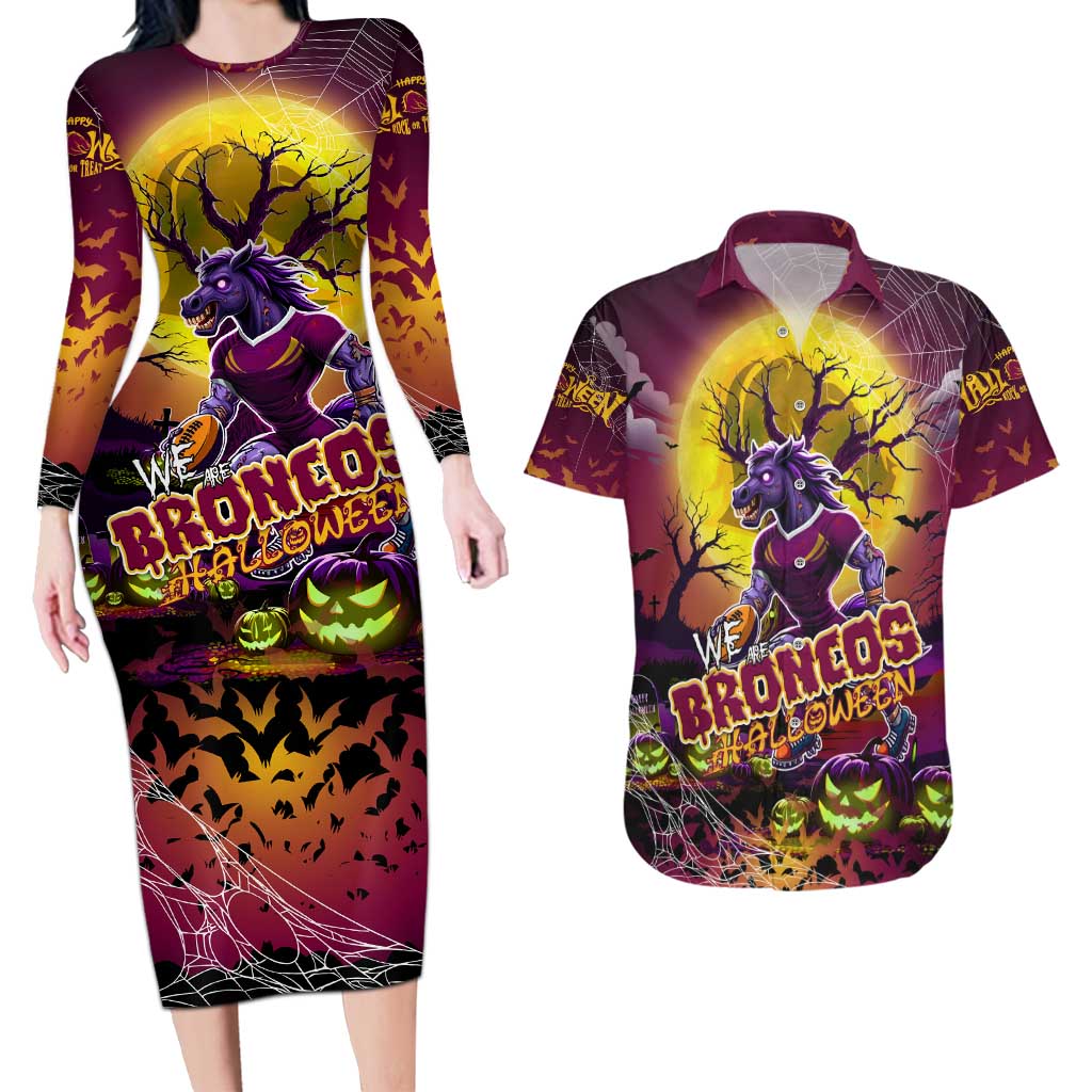 We Are Broncos Halloween Couples Matching Long Sleeve Bodycon Dress and Hawaiian Shirt Pumpkin Scary Spooky Season - Aussie Hoodie