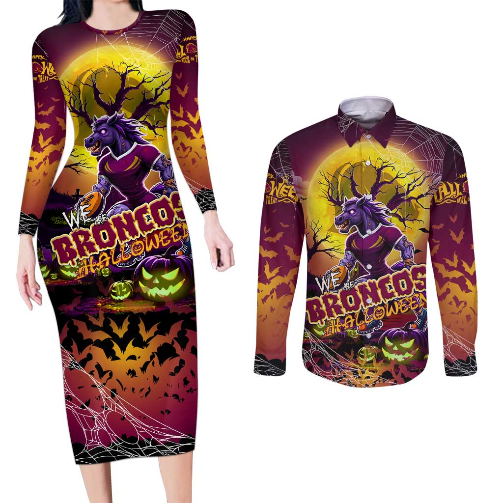 We Are Broncos Halloween Couples Matching Long Sleeve Bodycon Dress and Long Sleeve Button Shirt Pumpkin Scary Spooky Season - Aussie Hoodie
