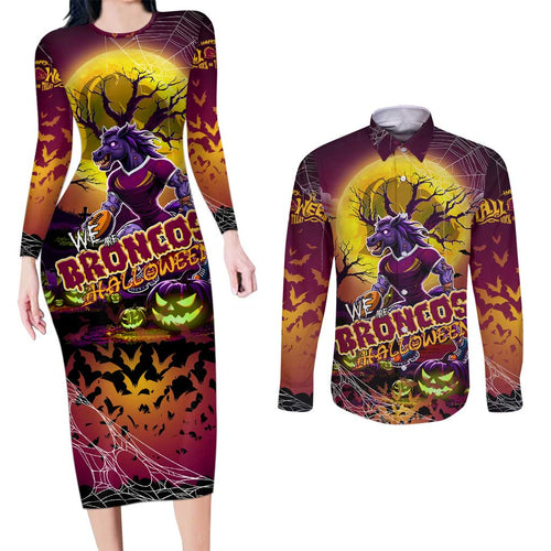 We Are Broncos Halloween Couples Matching Long Sleeve Bodycon Dress and Long Sleeve Button Shirt Pumpkin Scary Spooky Season - Aussie Hoodie